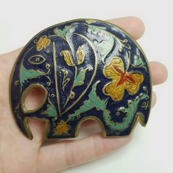 Vintage Elephant Belt Buckle, Blue Floral Enamel Design, Made in India, Estate - Picture 1 of 9